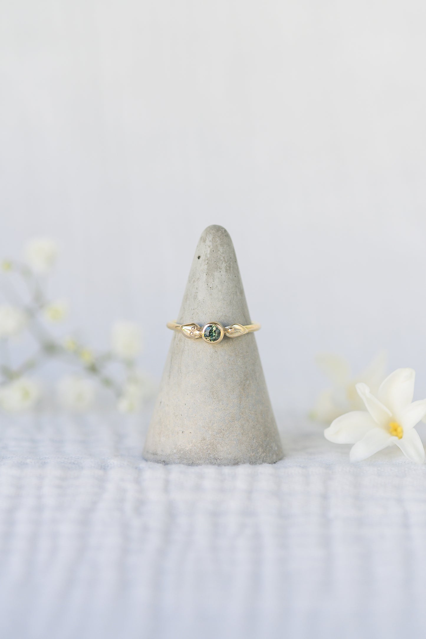 Botanical Ring, repurposed 9ct yellow gold and green sapphire