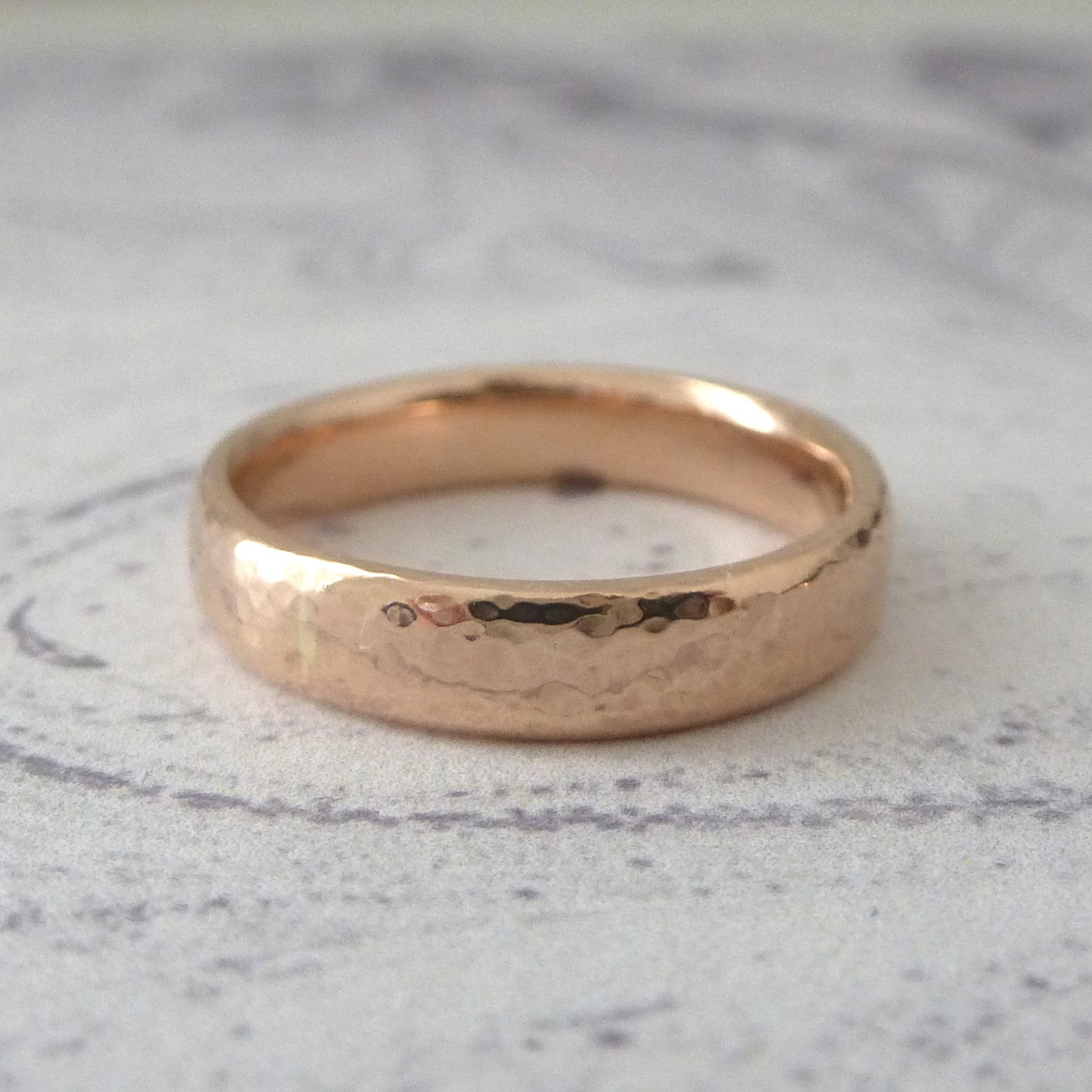 4mm 9ct rose gold hammered wedding band, slim modern court shape