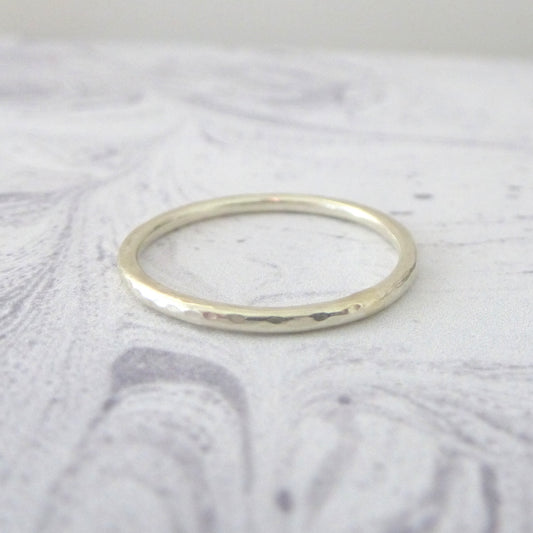 Hammered ring - 9ct White Gold Ring - 1.5mm halo band