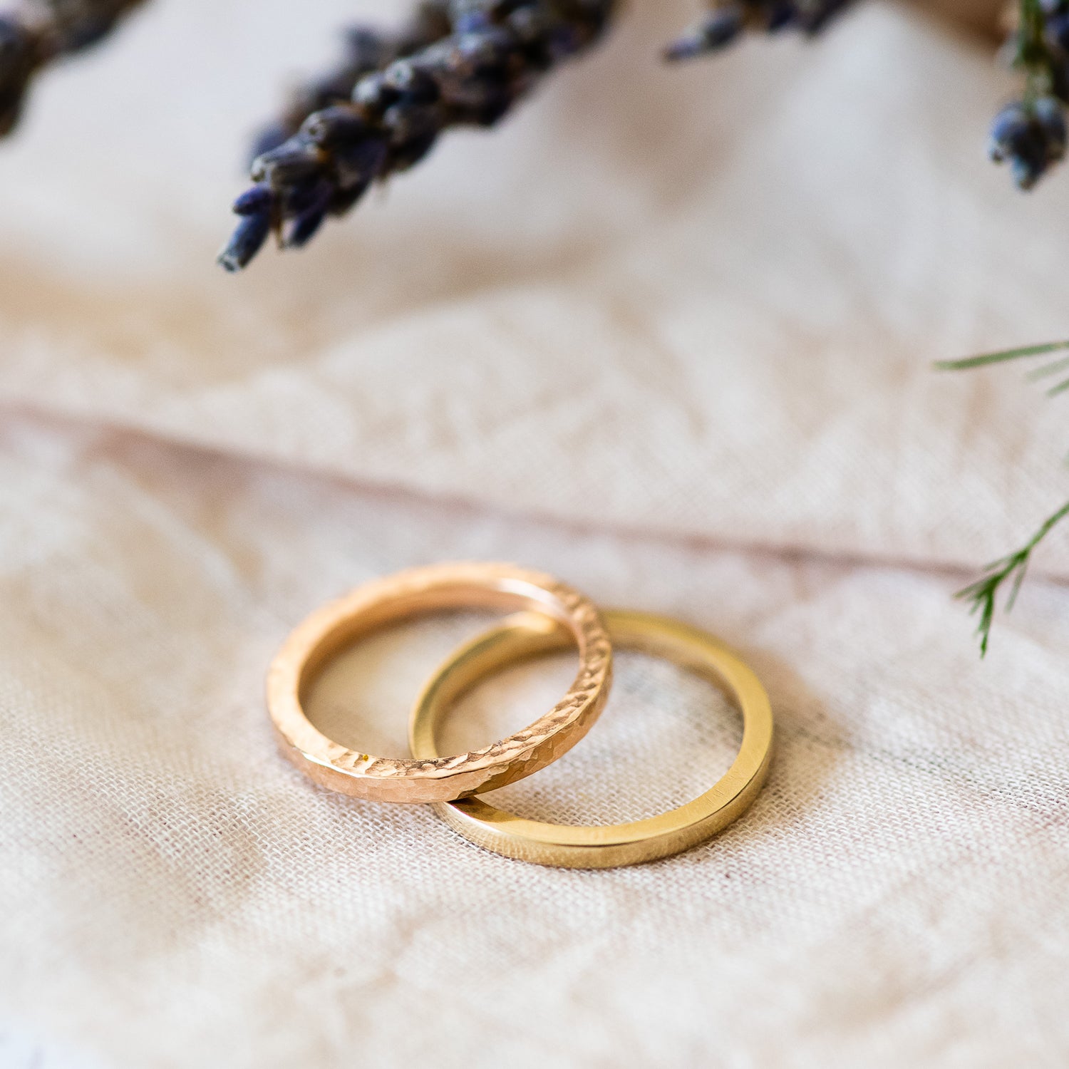 2mm square profile band, 9ct rose gold, hammered finish, stacked with a 9ct yellow gold square band