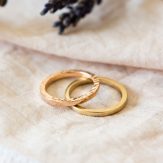 2mm square profile ring, hammered in 9ct rose gold, smooth in 9ct yellow gold