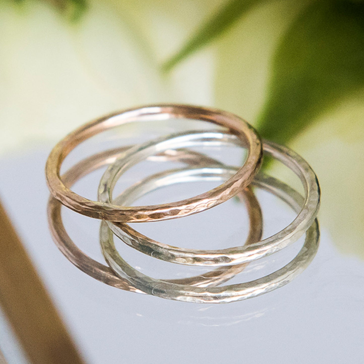 Hammered ring - 9ct White Gold Ring - 1.5mm halo band