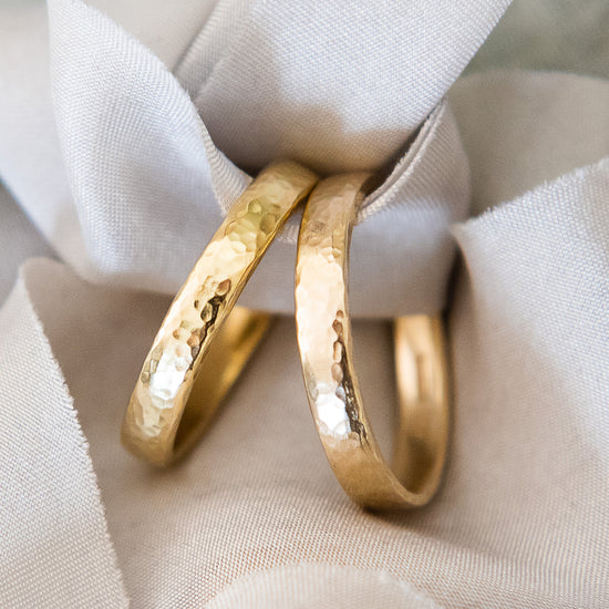 Hammered recycled gold wedding rings