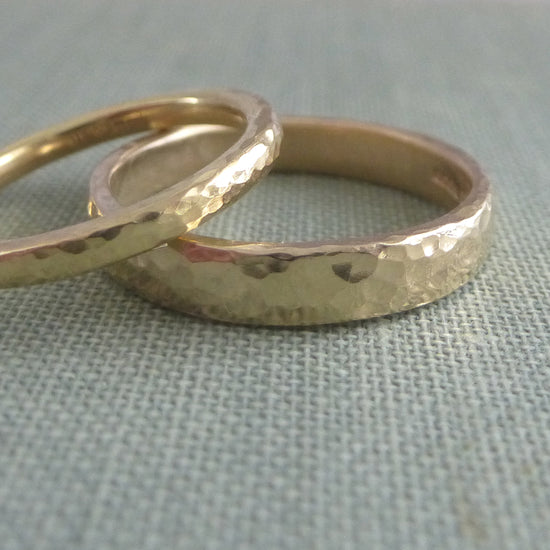 Recycled gold hammered wedding rings