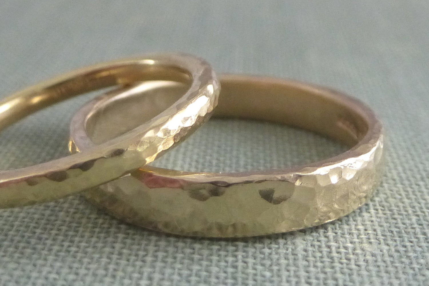 Recycled gold hammered wedding rings