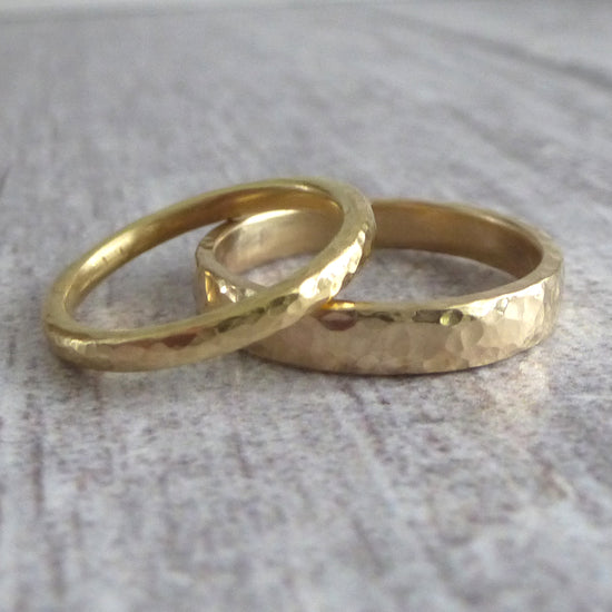 Hammered wedding rings in recycled gold