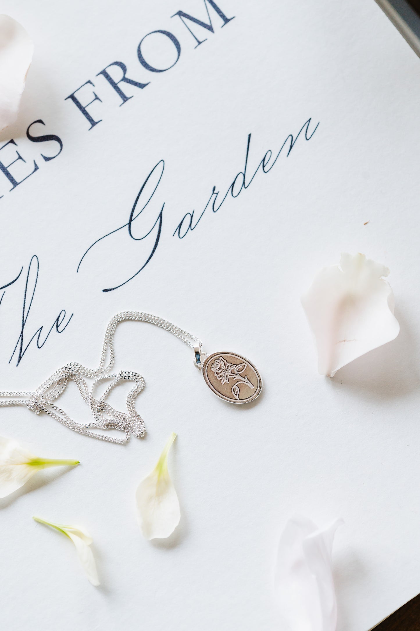 A dainty flower necklace with a rose in sterling silver, lying on a white background with some petals.