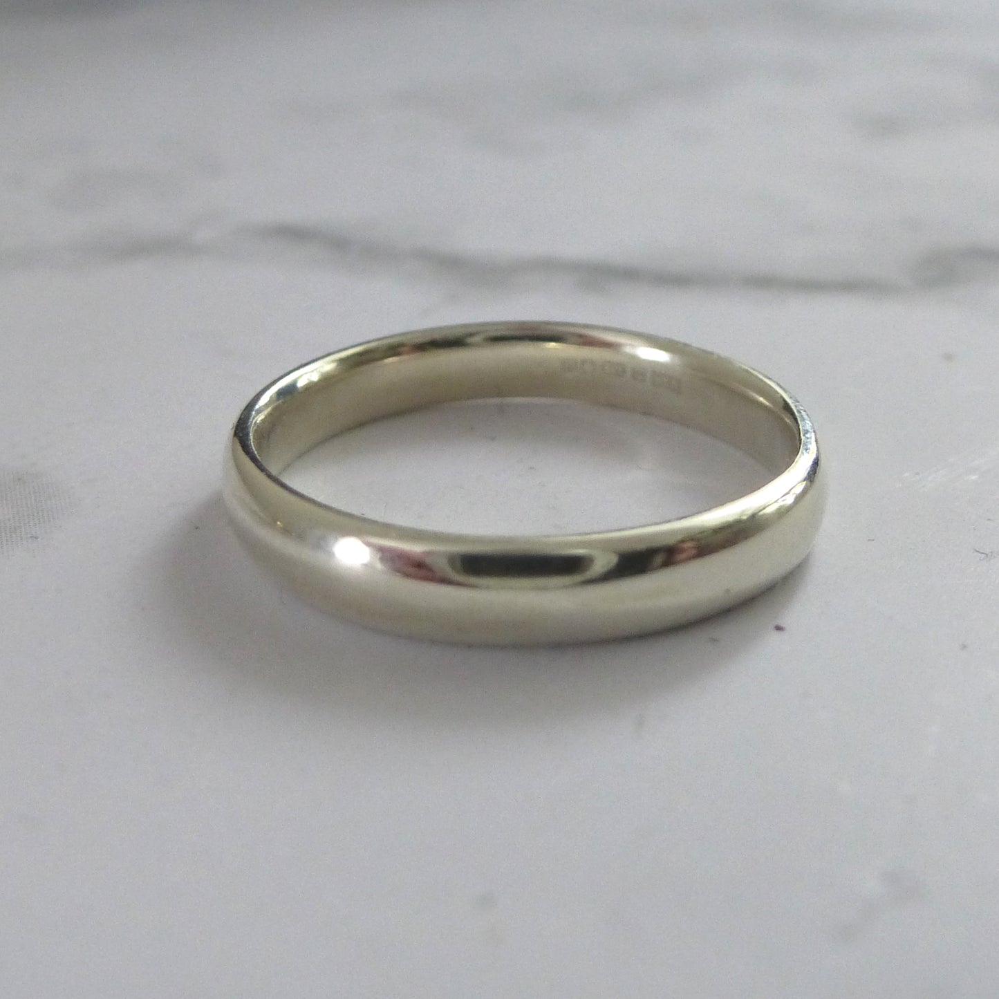 3mm 9ct white gold handmade wedding ring, soft modern court shape, smooth finish