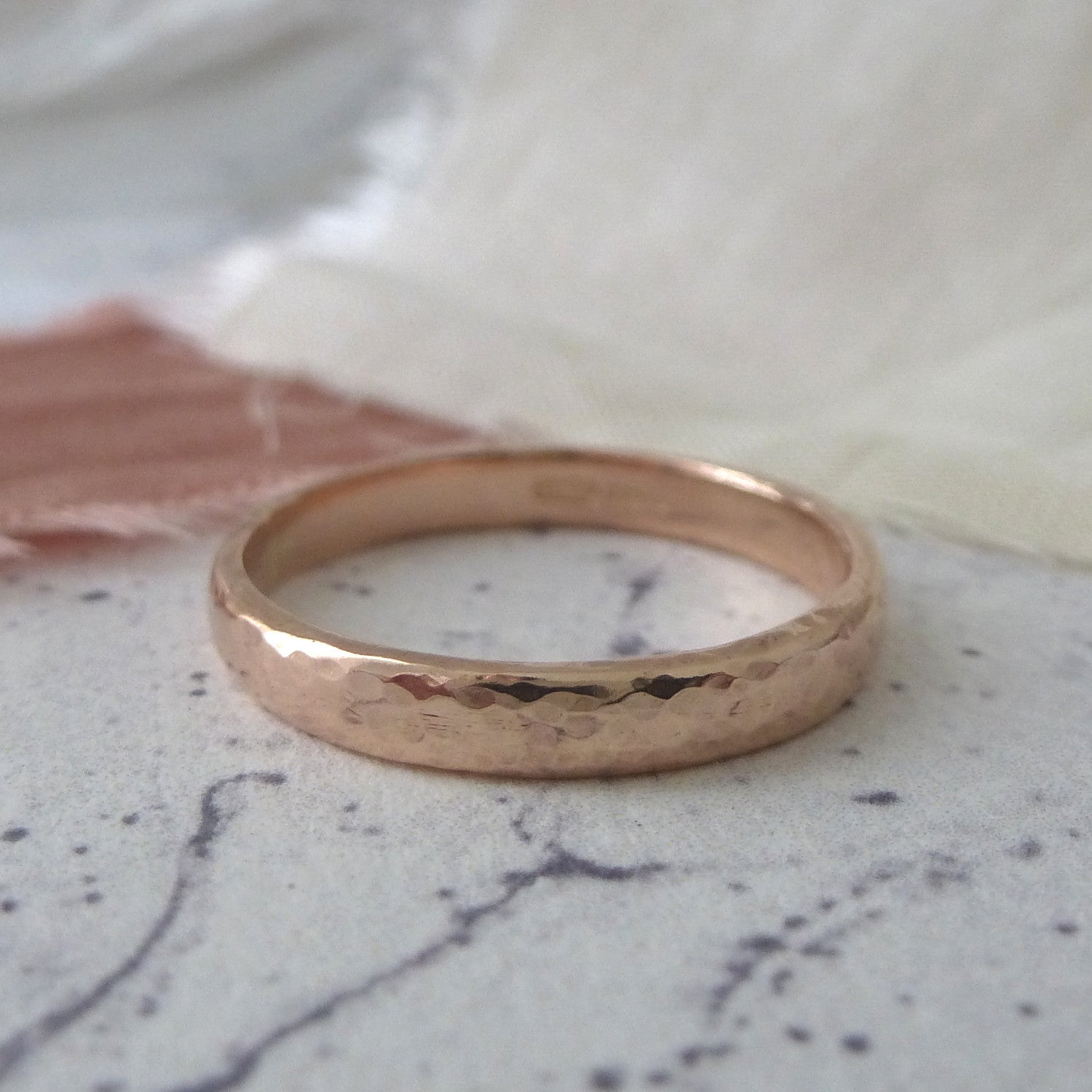 3mm hammered band in 9ct rose gold, recycled gold