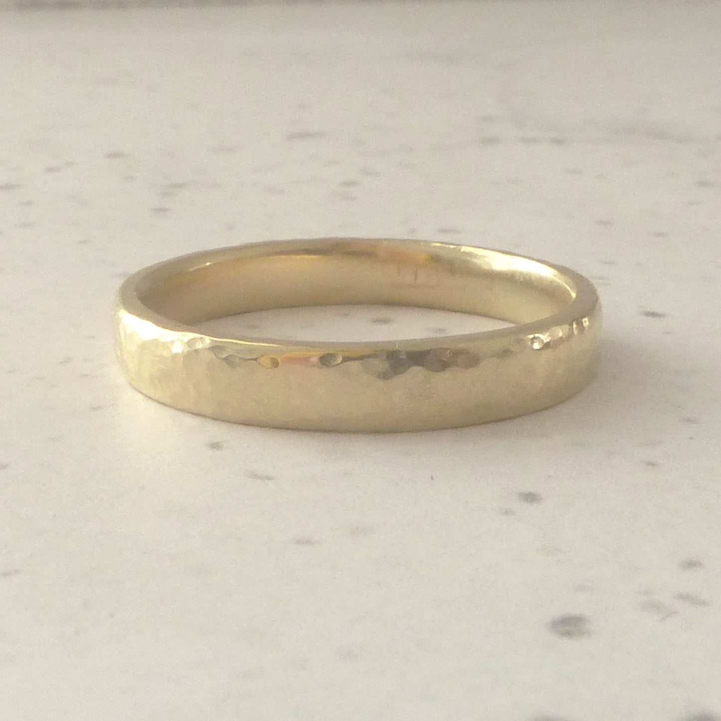3mm wedding band in 9ct yellow gold, recycled. Soft edged hand made band