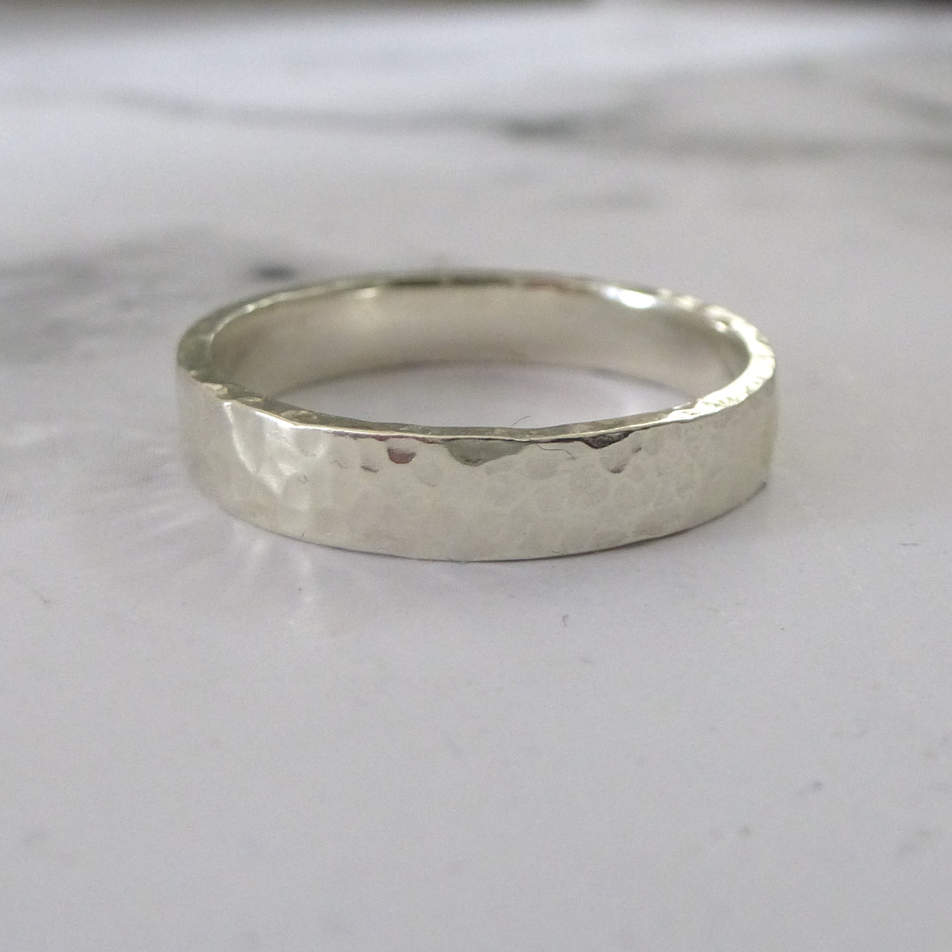 4mm hand made wedding ring, recycled 9ct yellow gold, hammered finish, square profile