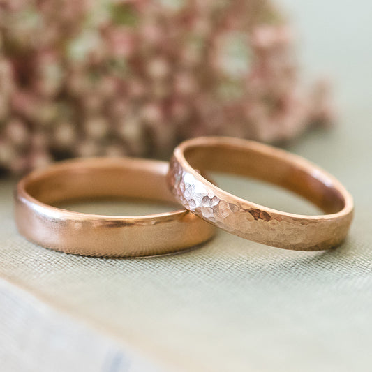 A pair of 9ct rose gold wedding rings, handmade, 5mm and 4mm