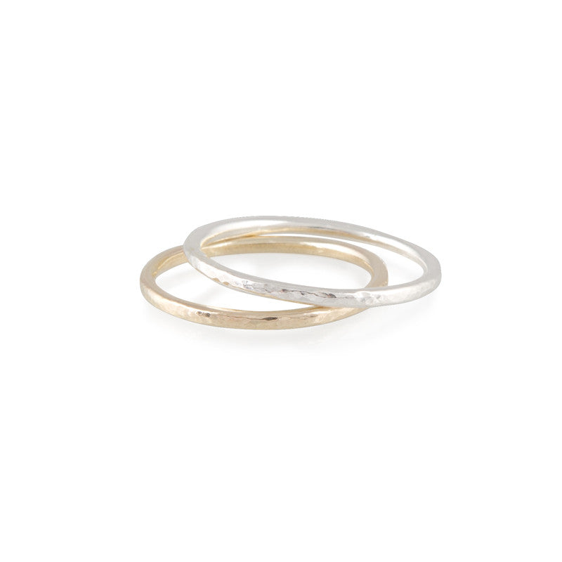 simple hammered band rings in silver and gold
