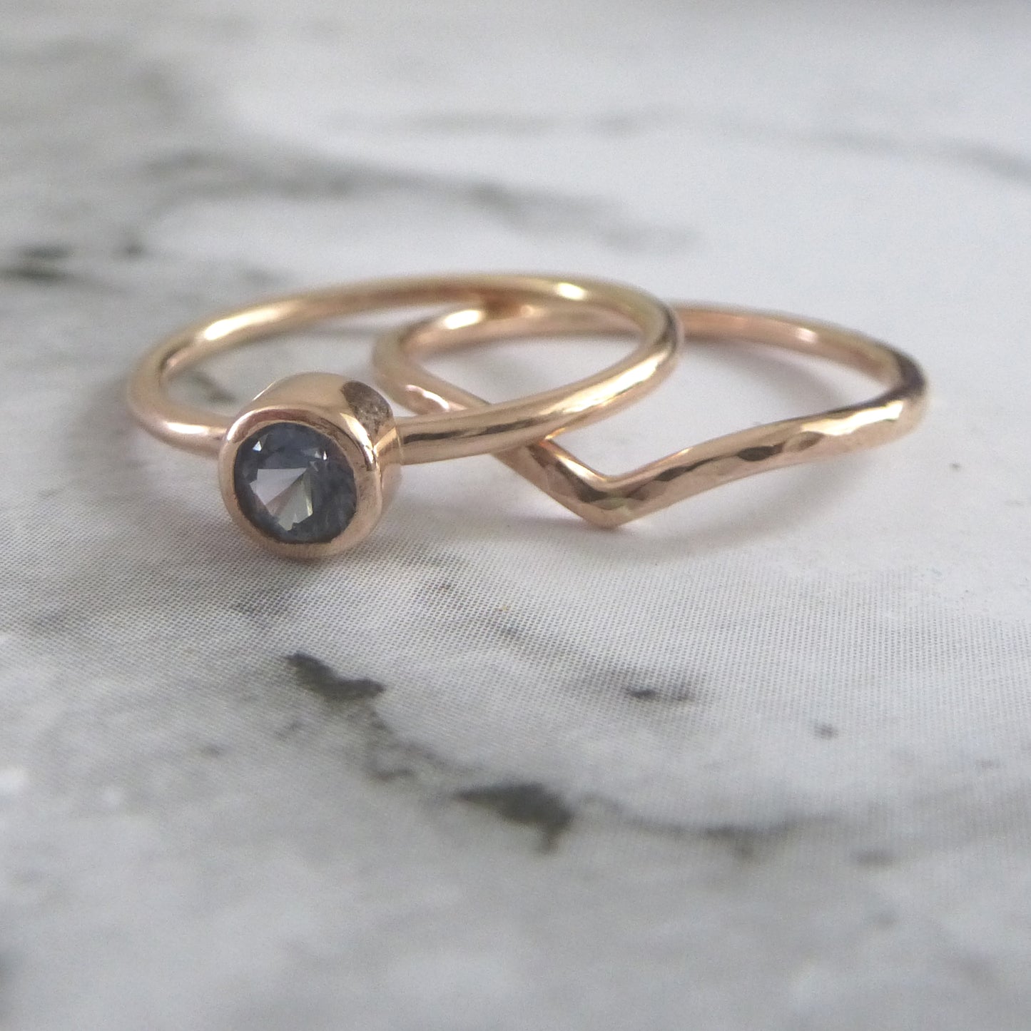 9ct rose gold ring set, spinel ring and wishbone ring