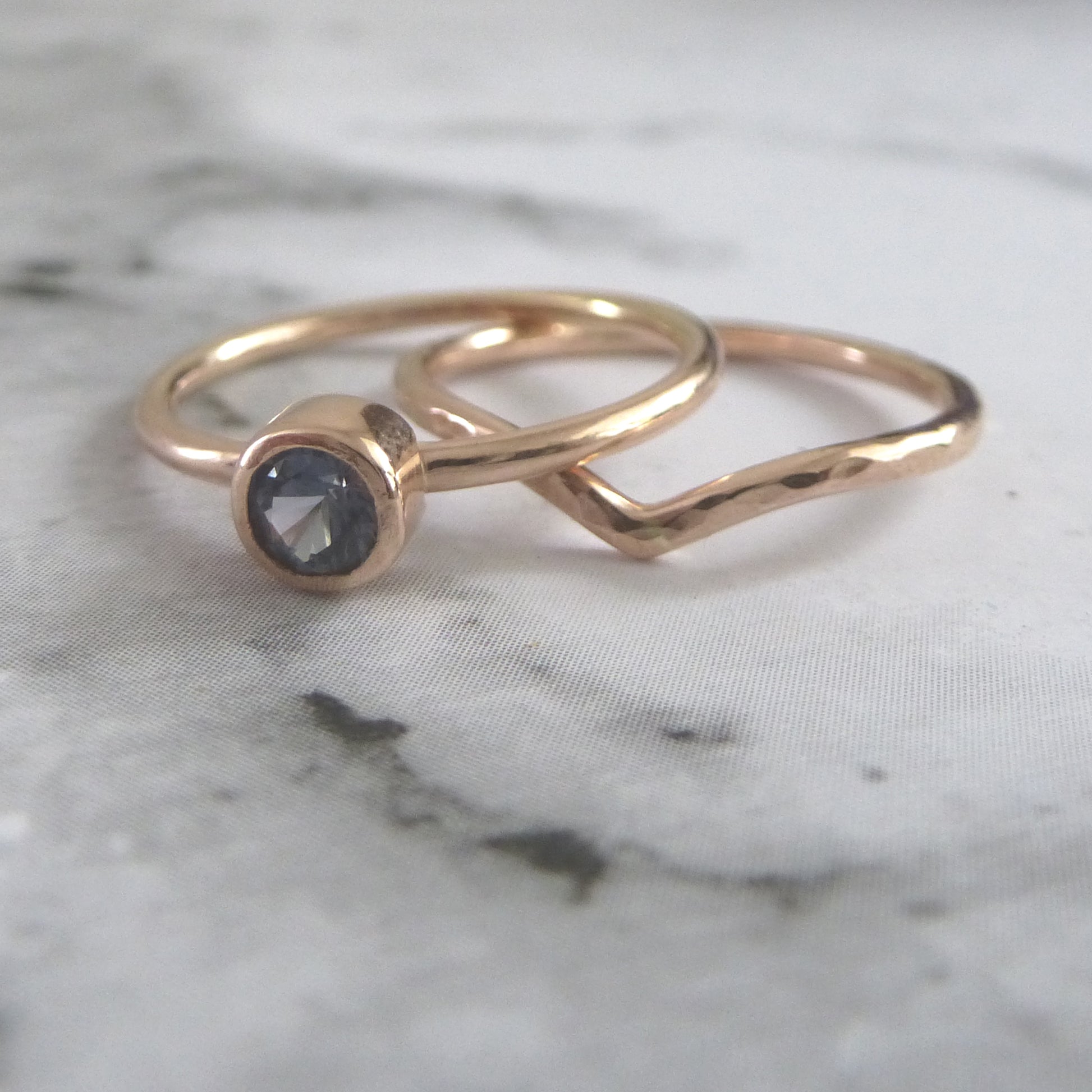 9ct rose gold ring set, spinel ring and wishbone ring