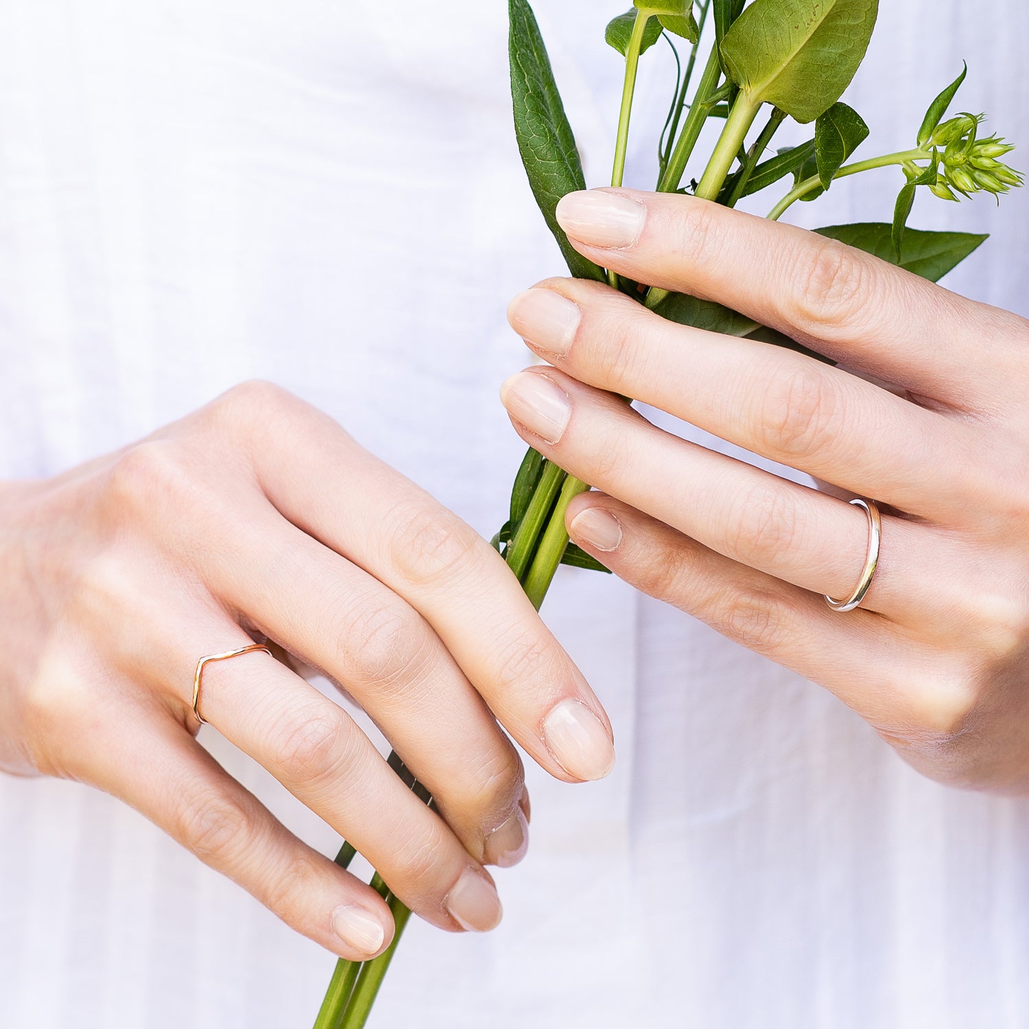 Two hands holding a flower stem, one thin 9ct rose gold wishbone ring, one 9ct white gold band